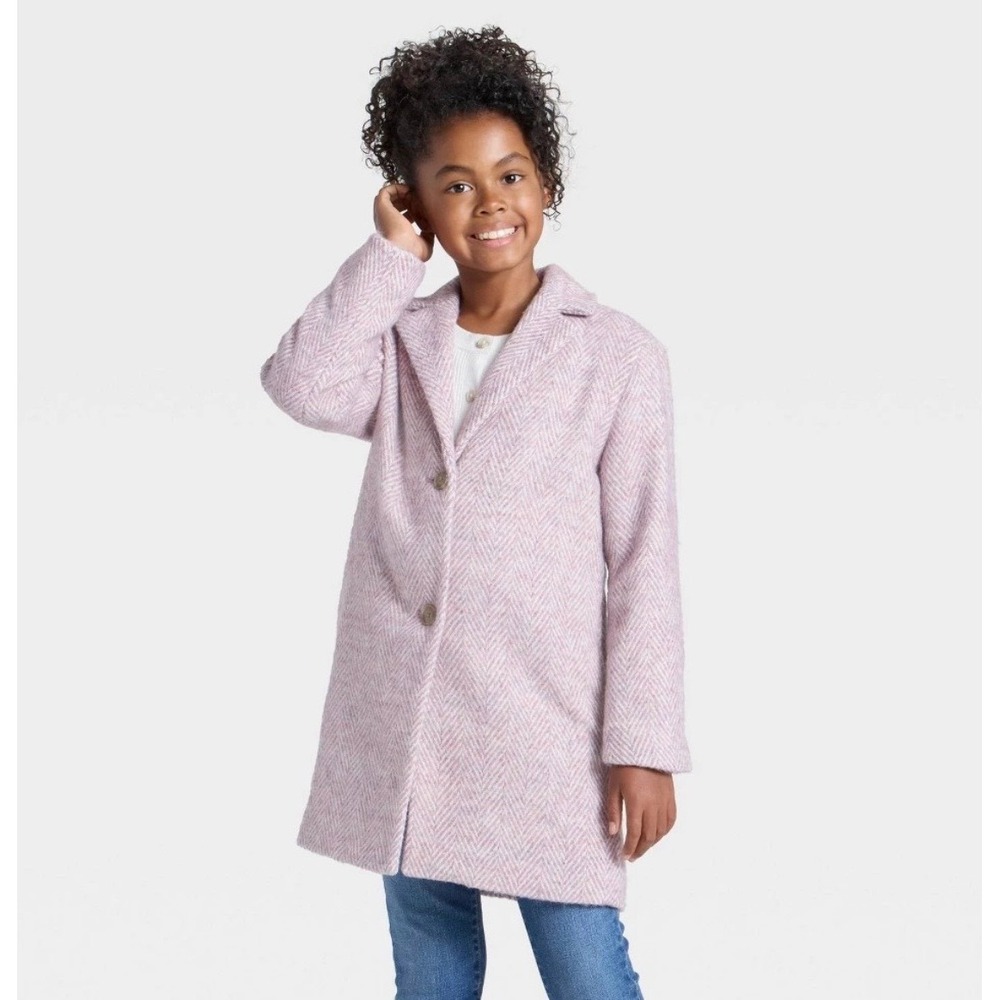 Cat & Jack Girls Pink Herringbone Overcoat Dress Coat Size Medium NWT